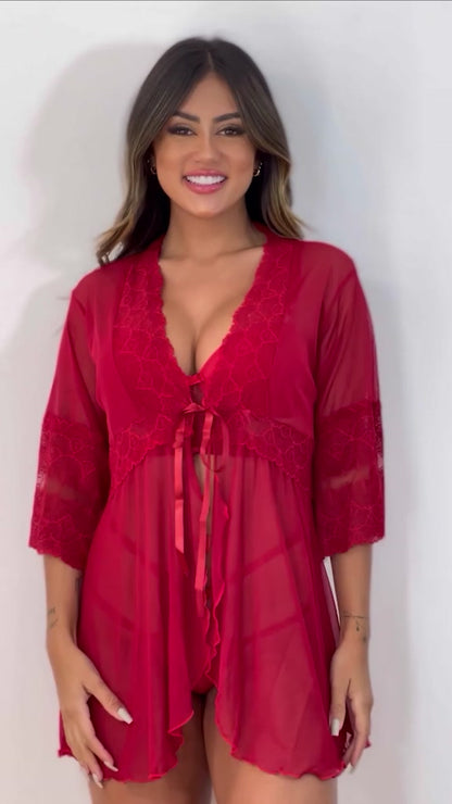 Kit Robe De Tule + Conjunto Lingerie Com Bojo Strapy