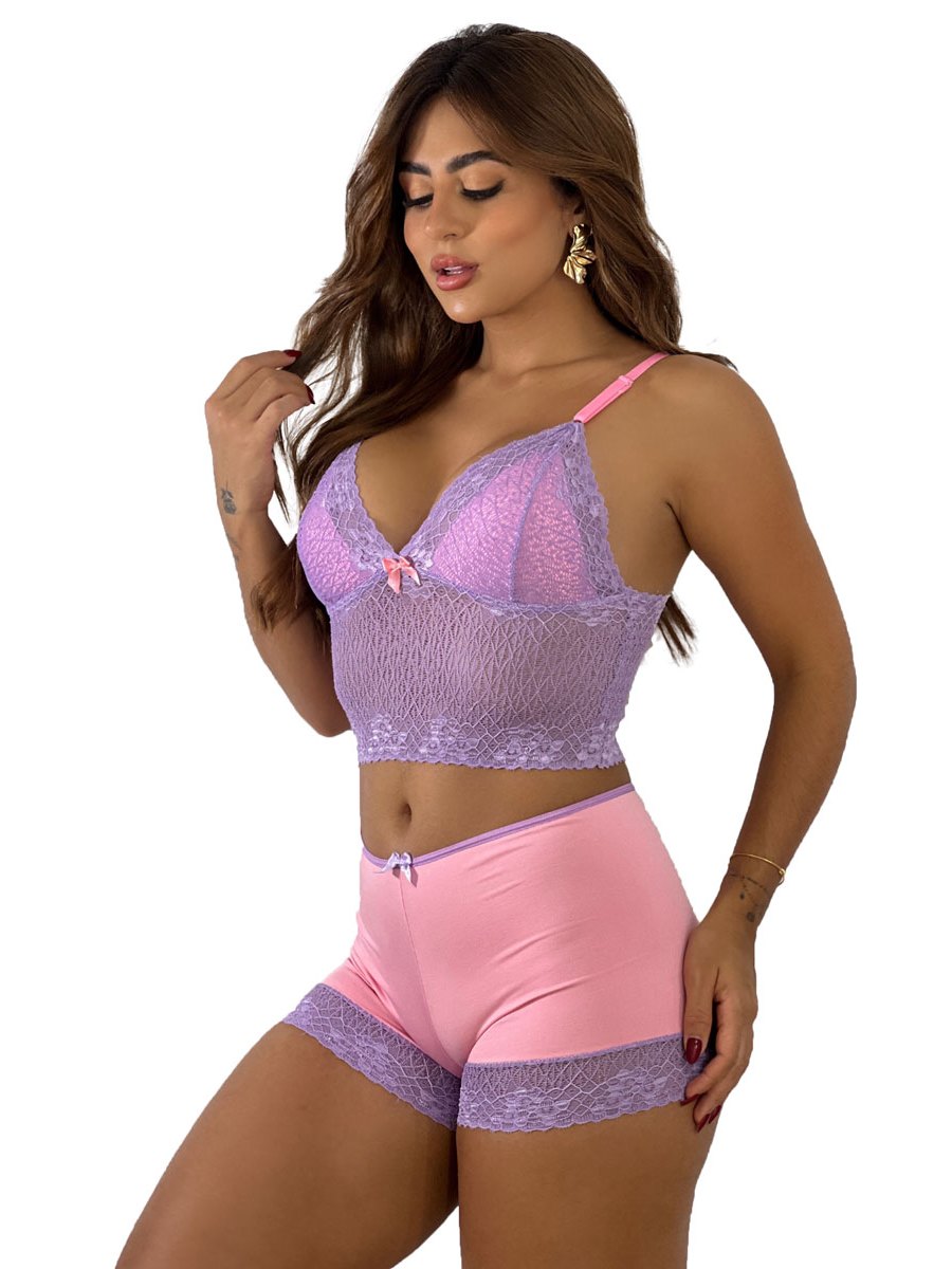 Baby Doll Sensual Short Doll Com Renda Bicolor Neon Pijama